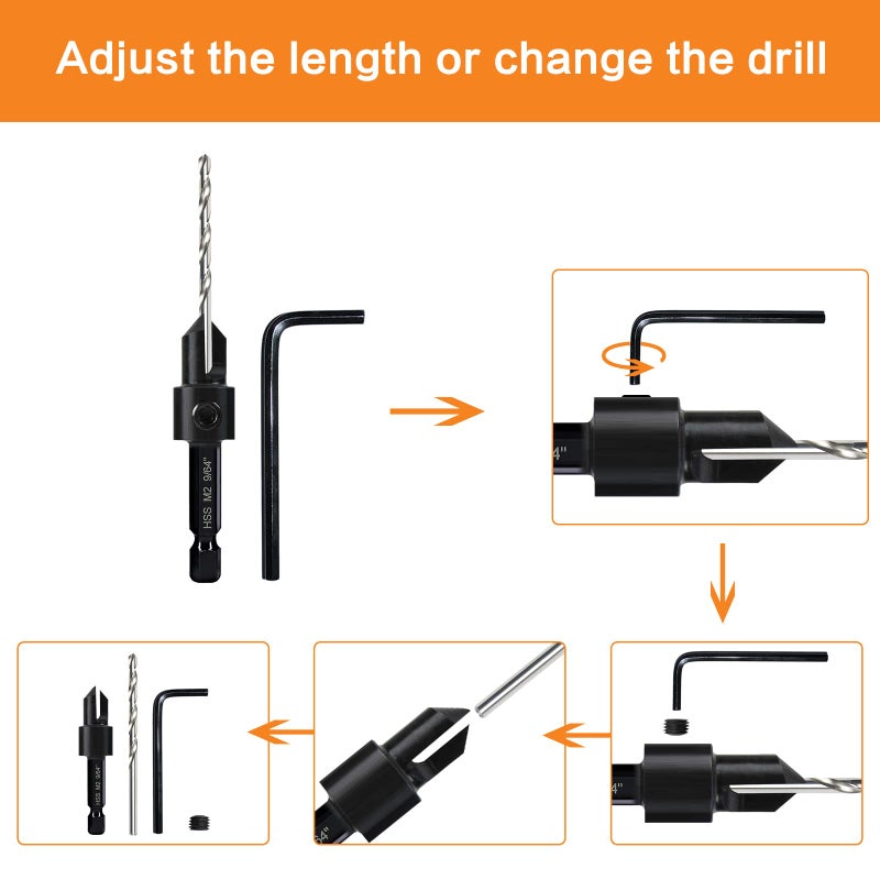 DECKRKAT 5-pc Woodworking Countersink Counterbore Drill Bit Set 3in1 for #6 8 10 12 16 Screws, M2 Pilot Drill Bits Adjustable Depth, 82-Degree Chamfer with Stop, 1/4Hex Shank, Includes 2 Allen Wrenches - Image 4